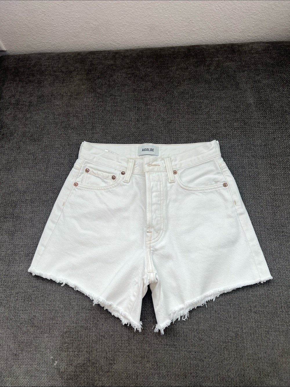 Agolde White High-Rise Frayed Hem Denim Shorts